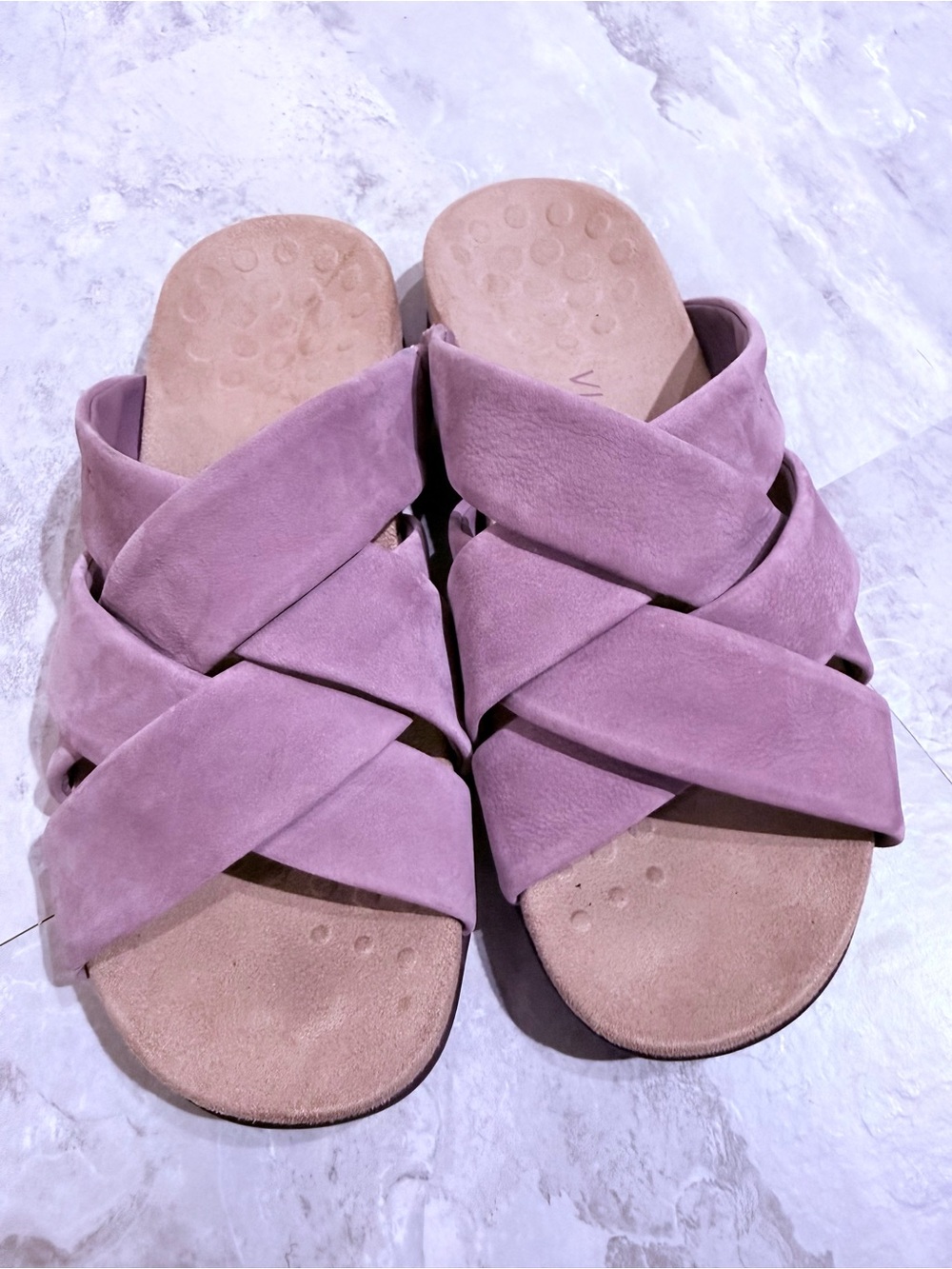 Vionic Rest Juno Women's Suede Cross-Strap Slide Sandals - Mauve / Purple Sz 8